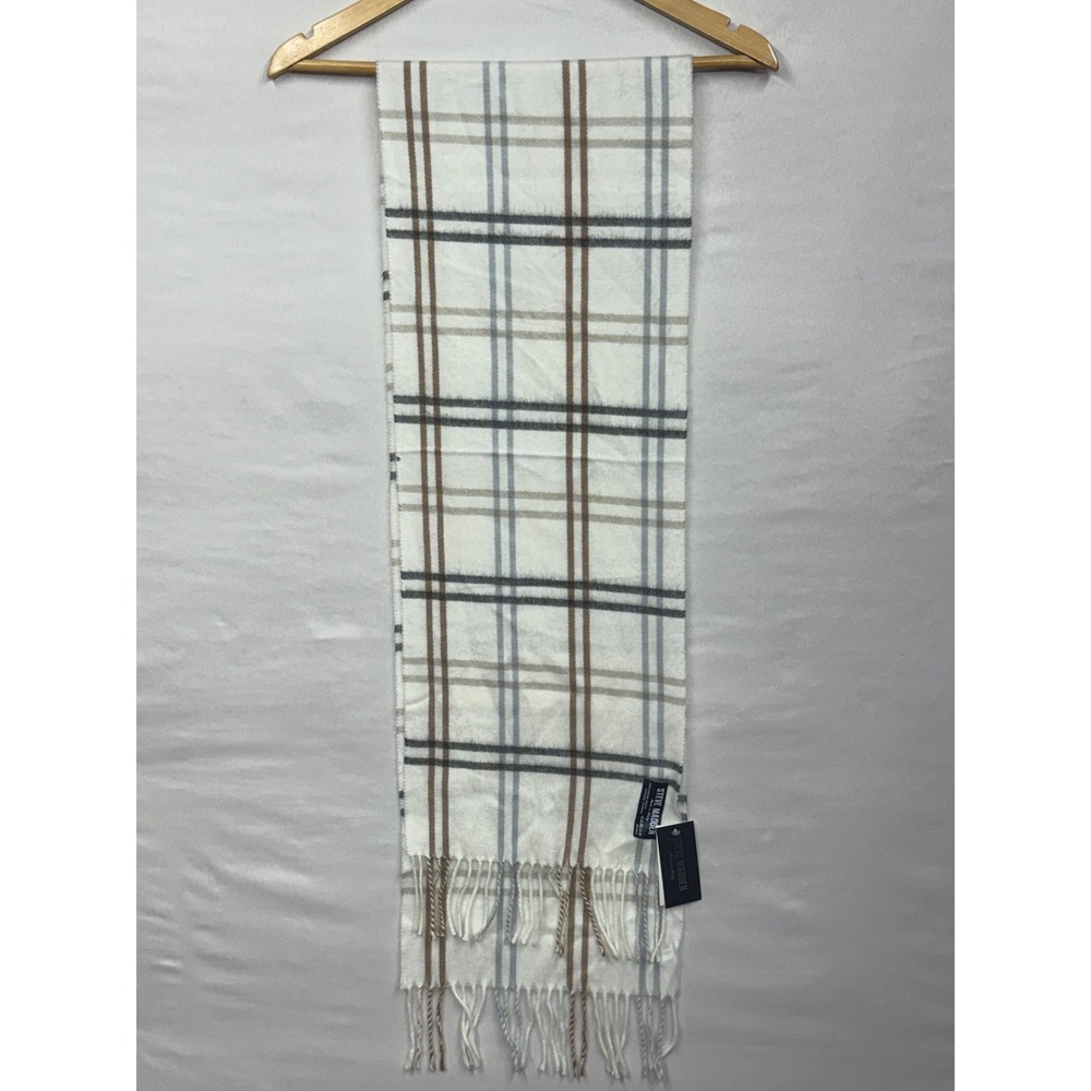 Steve Madden Plaid Scarf Ivory‎ Brown Blue Black Acrylic Made in Italy